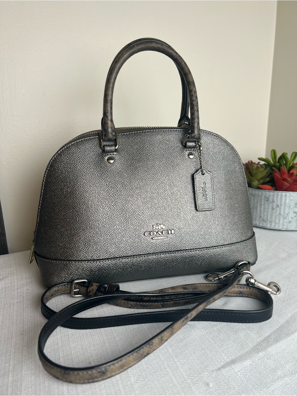 Coach Mini Sierra Metallic Dome Satchel with Faux Snakeskin Strap/Handles